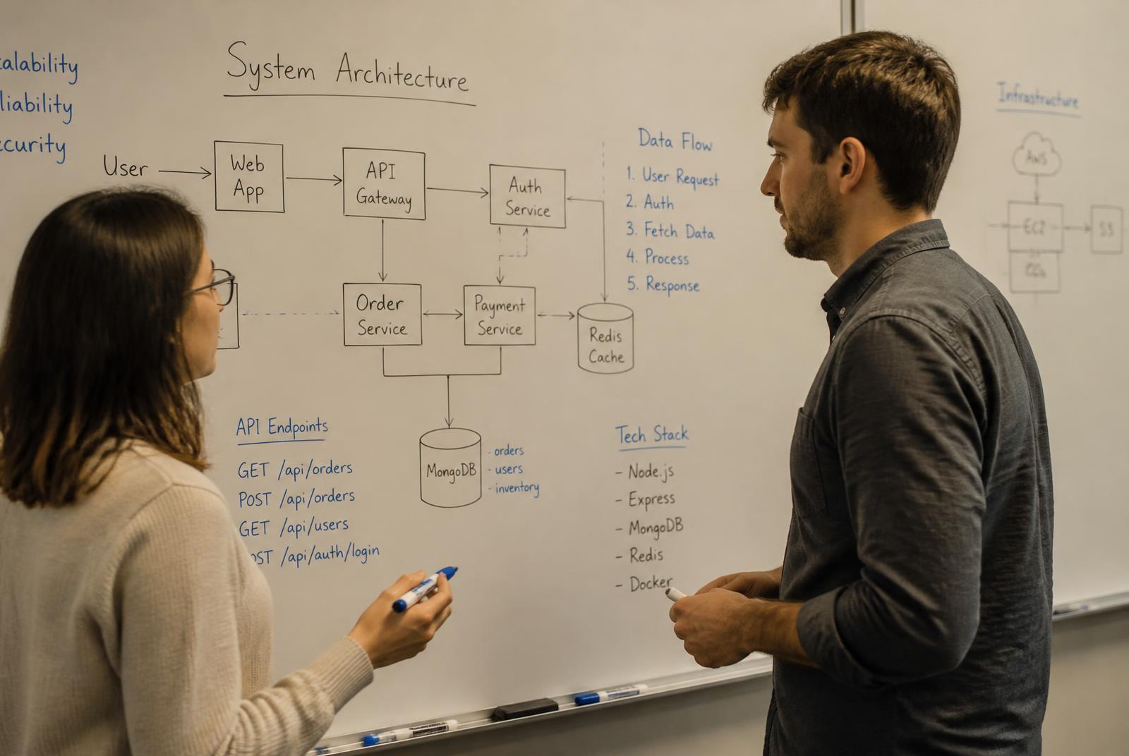 Two engineers discussing a system architecture diagram drawn on a large whiteboard