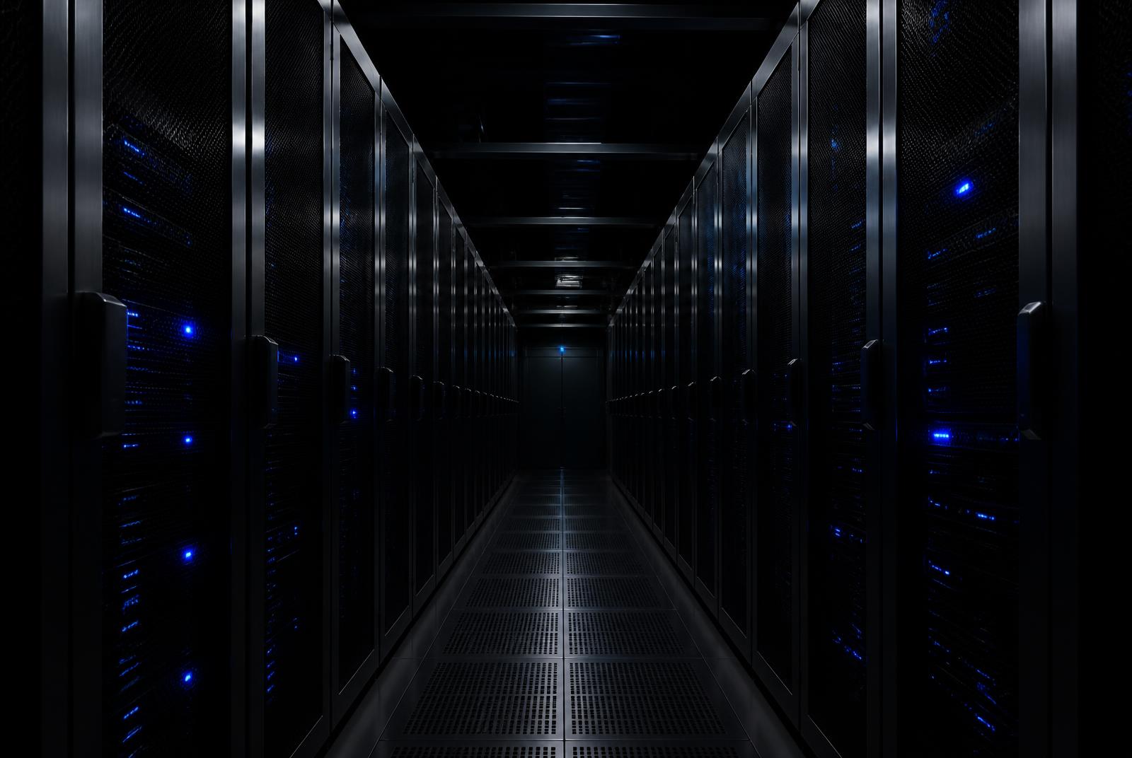 A dark server room aisle lined with racks marked by small blue status lights